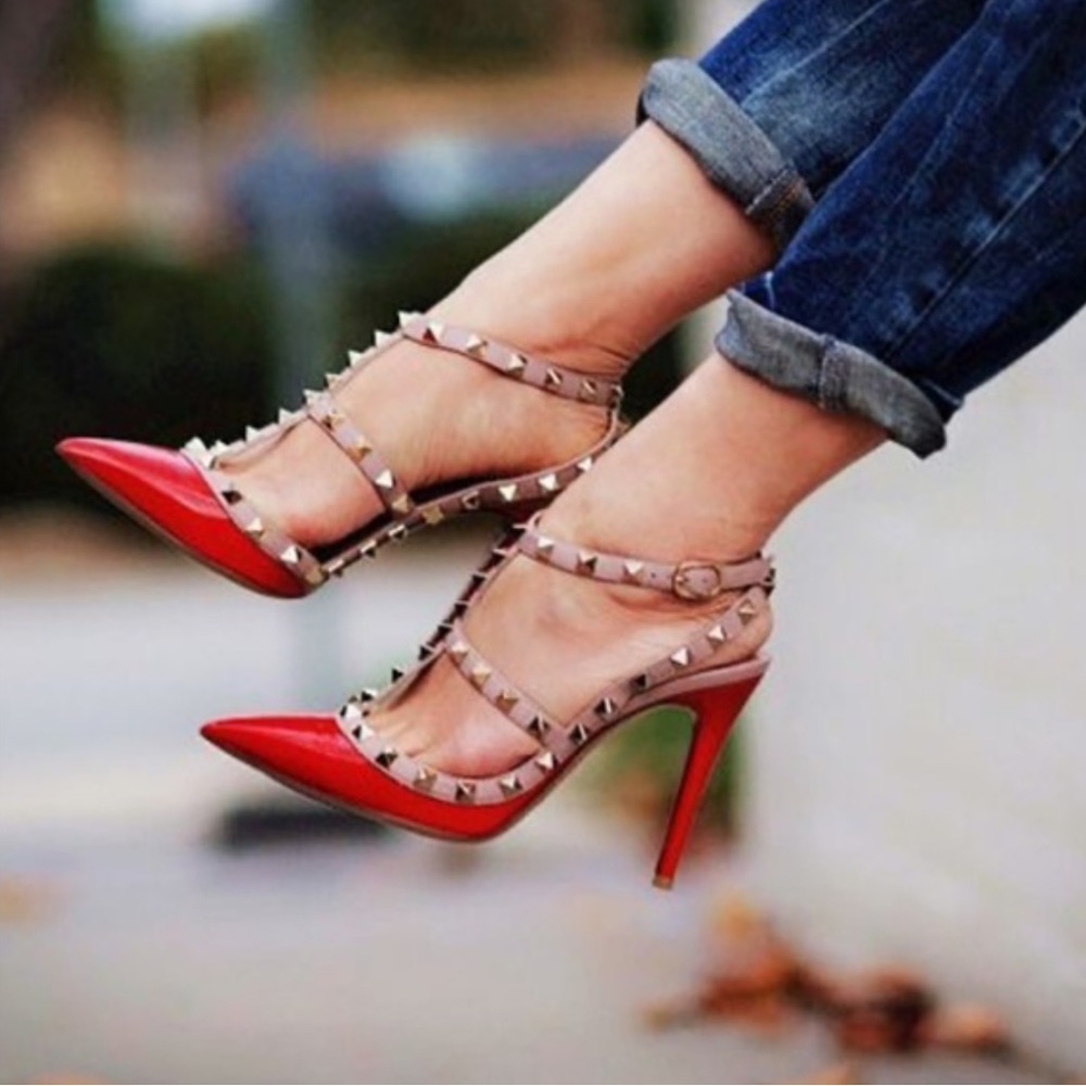 Valentino Garavani Red Patent and Nude Rockstud T-Strap Pumps - Picture 2 of 16